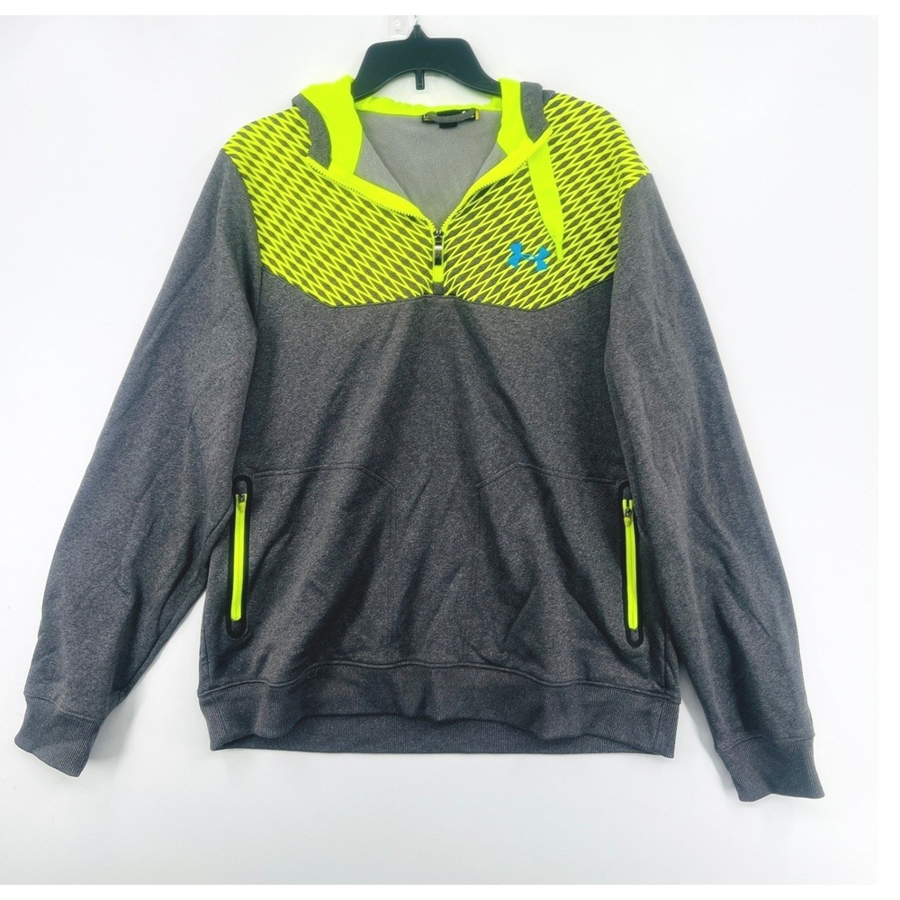 Under Armour Quarter Zip Hoodie Mens L Gray Neon Yellow Tech Pocket Loose Fit